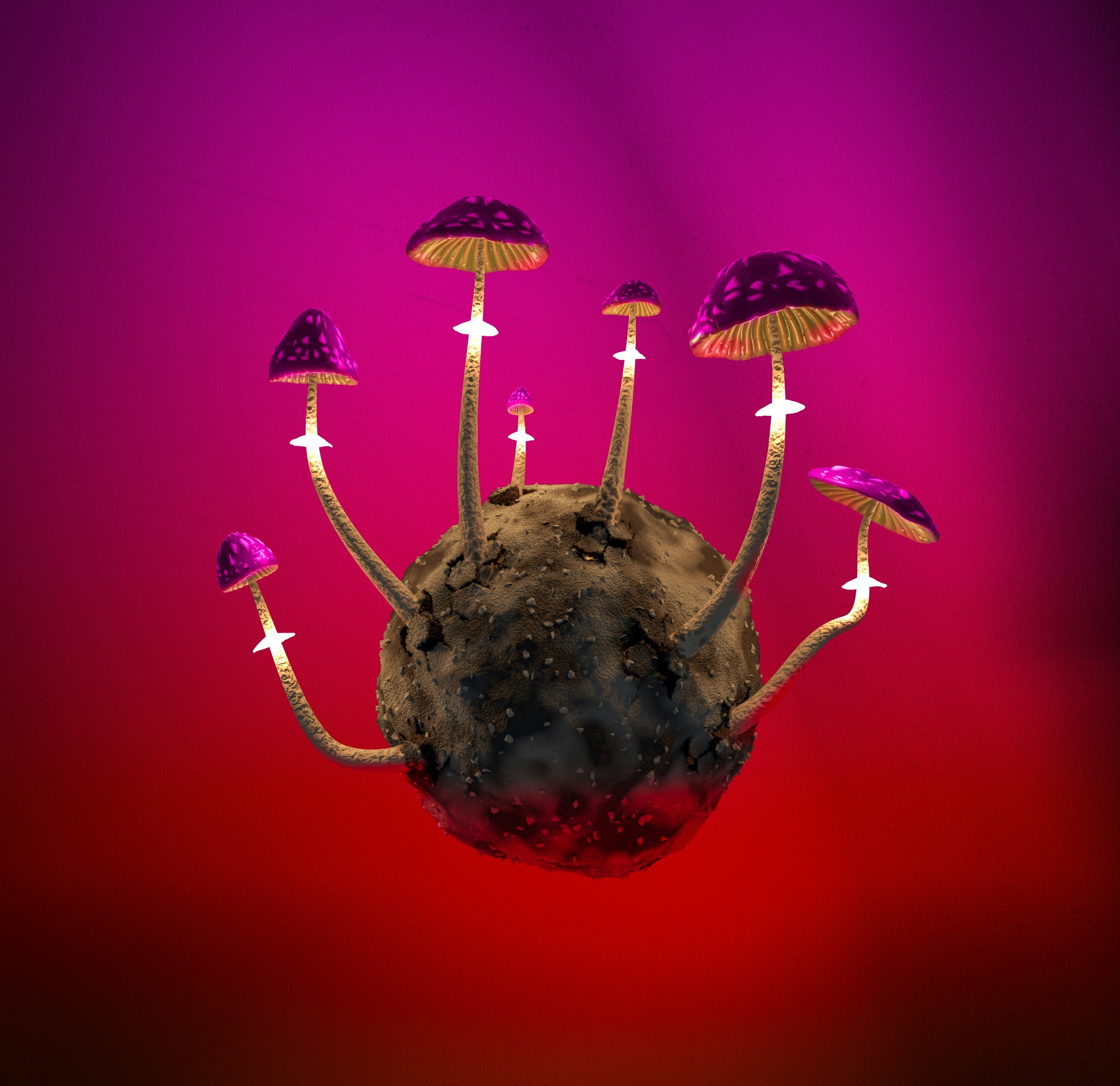Pink glowing Psychedelic mushrooms on a magic piece of land.