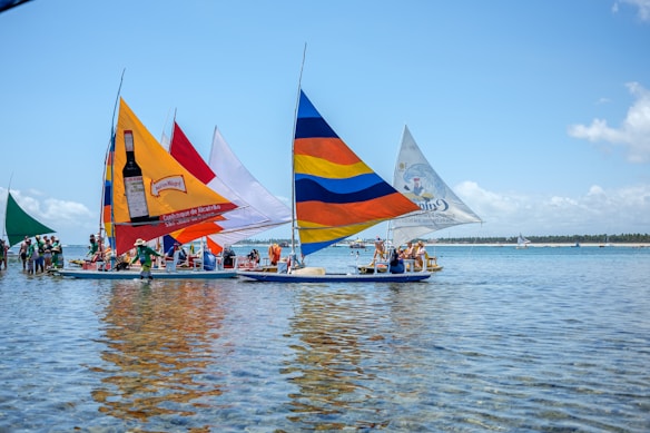 Colorful sailboats with vibrant advertisements on their sails rest on a calm body of water. The scene includes people walking or wading near the boats under a clear blue sky. A distant shoreline with trees spans the background.