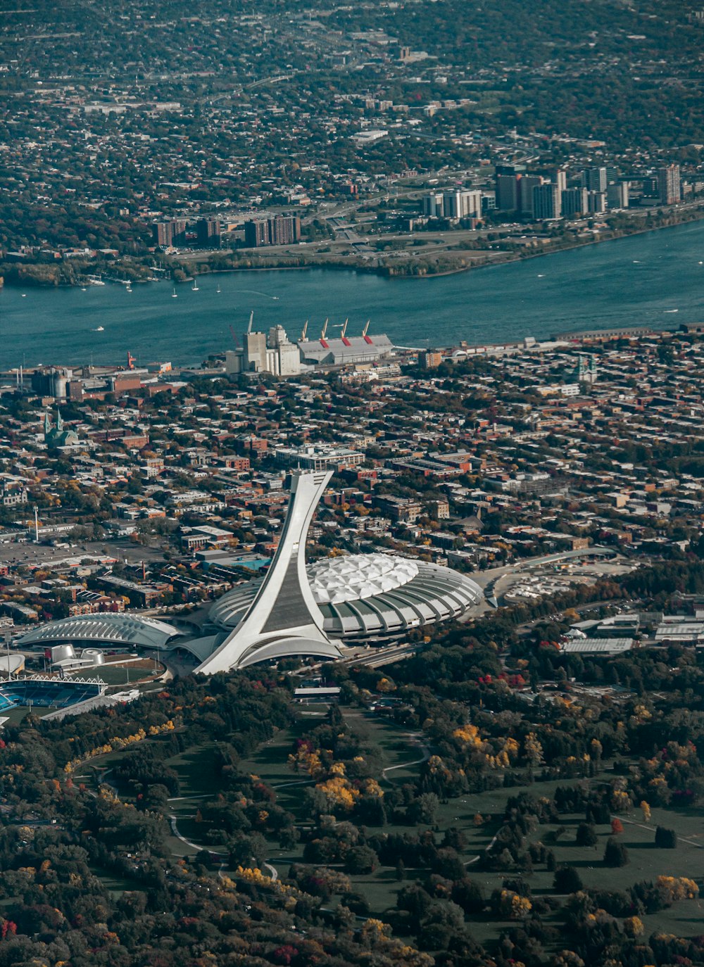 an aerial view of a city and a river