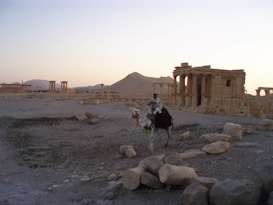 A person rides a camel in front of ancient ruins with tall columns and a partially intact stone structure. The landscape is rocky and arid, with a mountain visible in the background under a pale blue and orange sky, suggesting sunset or sunrise.