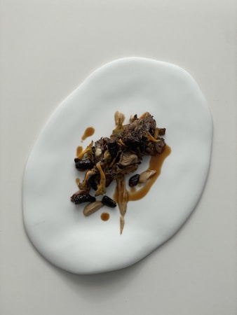 A minimalist presentation of gourmet food on a unique white plate. The dish appears to include a variety of mushrooms and a drizzle of sauce, artfully arranged.