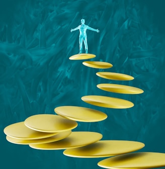 a man standing on top of a set of yellow plates