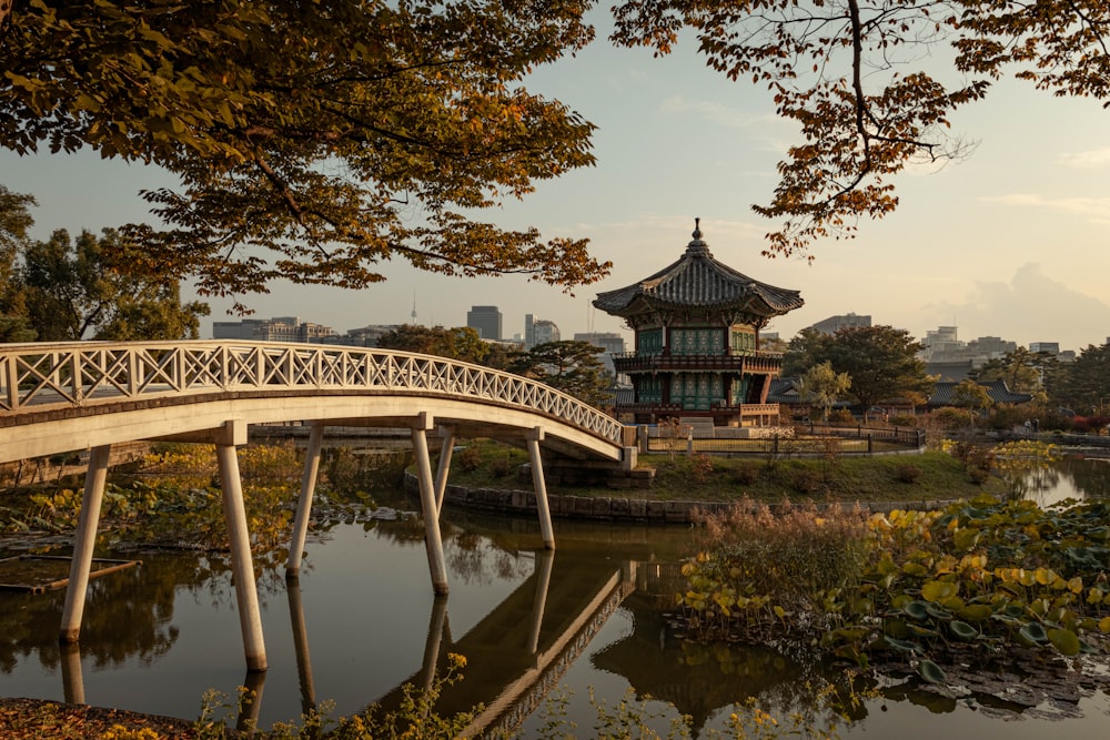 a bridge over a pond with a building in the background