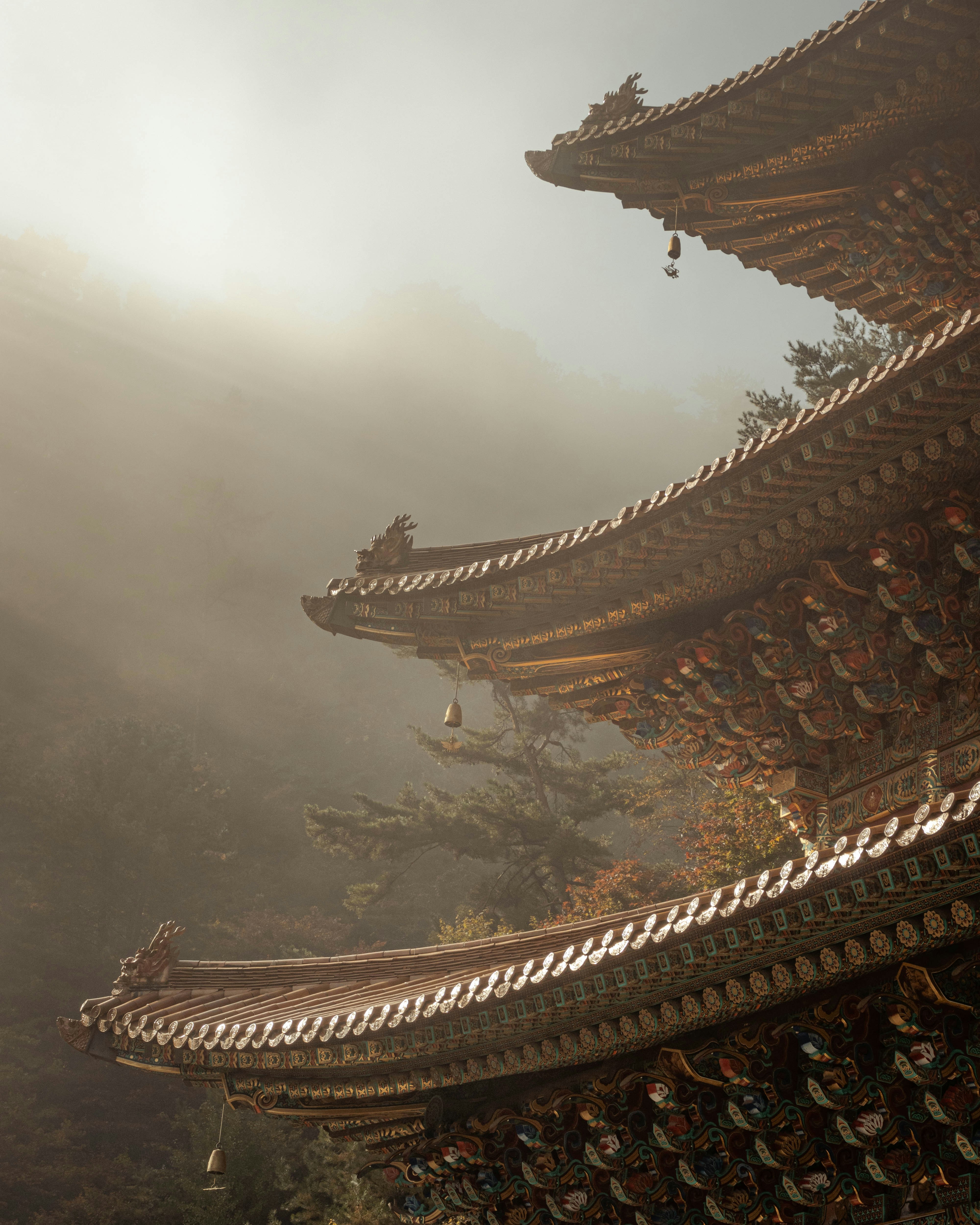 a view of a korean building in the fog