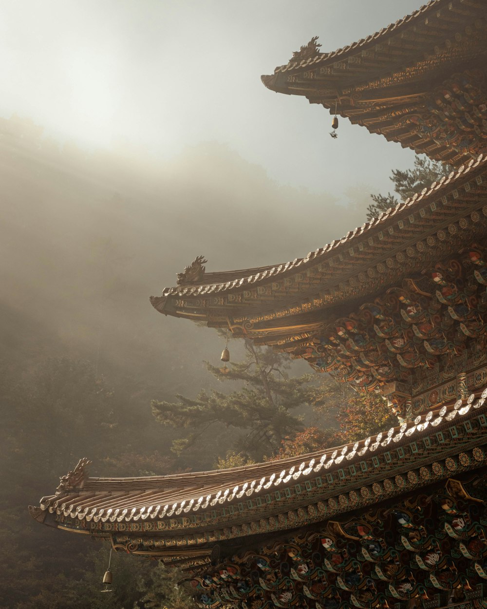 a view of a chinese building in the fog