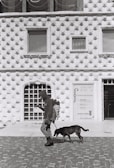 A person in a hooded jacket and carrying a backpack walks alongside a dog on a cobblestone street in front of a building with a distinctive geometric facade. The facade features a series of pyramid-like patterns and several windows, with a sign indicating 'Casa dos Bicos' and other information.