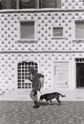 A person in a hooded jacket and carrying a backpack walks alongside a dog on a cobblestone street in front of a building with a distinctive geometric facade. The facade features a series of pyramid-like patterns and several windows, with a sign indicating 'Casa dos Bicos' and other information.