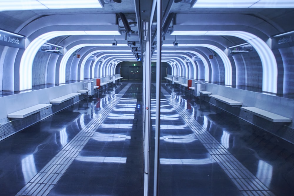 a long tunnel with benches and benches in it