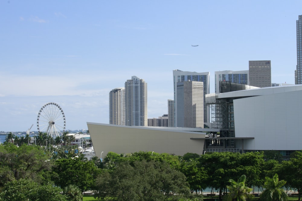 a city skyline with a ferris wheel in the foreground