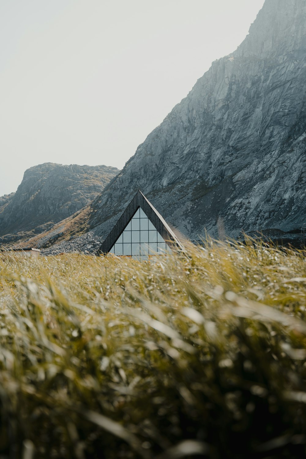 a house in the middle of a field with a mountain in the background