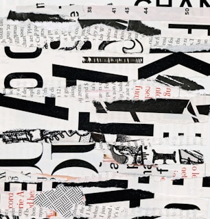a collage of black and white letters and numbers