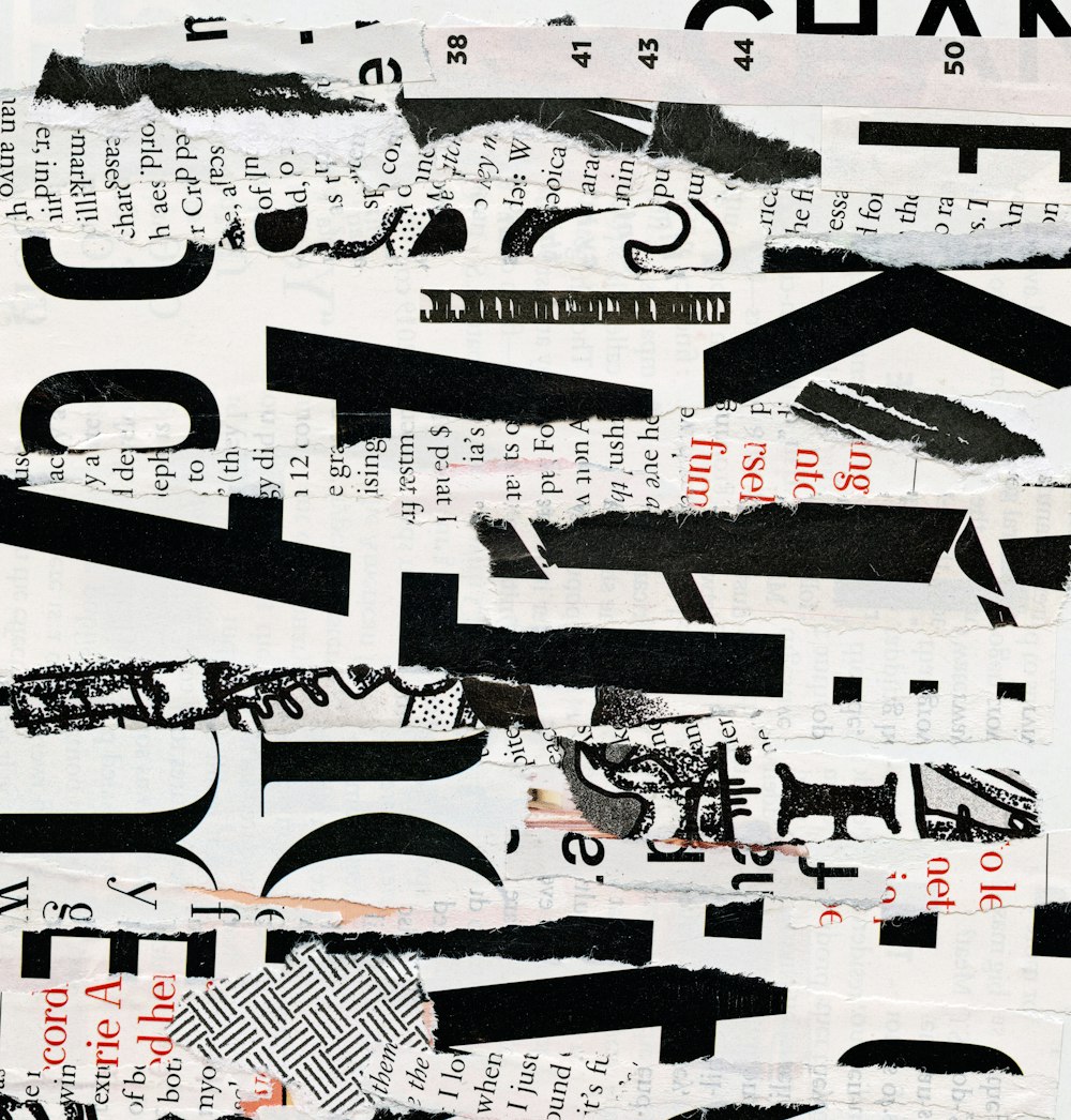 a collage of black and white letters and numbers