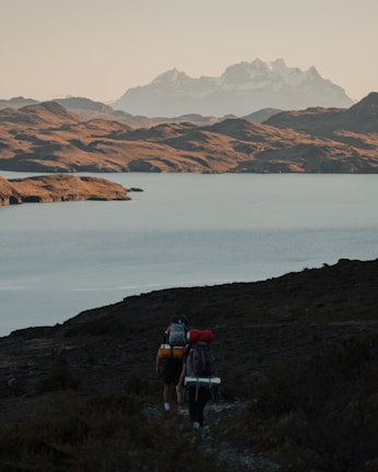 Hikers trekking along a forested trail with panoramic views of the lake below.