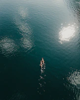 Aerial shot of a kayaker paddling through crystal-clear mountain waters surrounded by autumn colors.