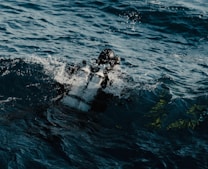 A scuba diver is partially submerged in a vast expanse of ocean water. The diver is equipped with a full scuba diving gear, including oxygen tanks and a black diving suit. Water splashes around the diver as waves move across the surface.