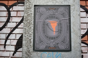 A detailed illustration of a paint bucket with orange paint dripping from it is centered within an ornate frame, reminiscent of currency notes. The design is displayed on a brick wall with black and white graffiti in the background.
