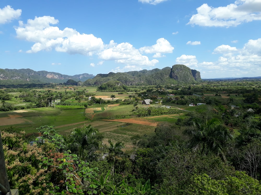 a lush green valley surrounded by mountains under a blue sky