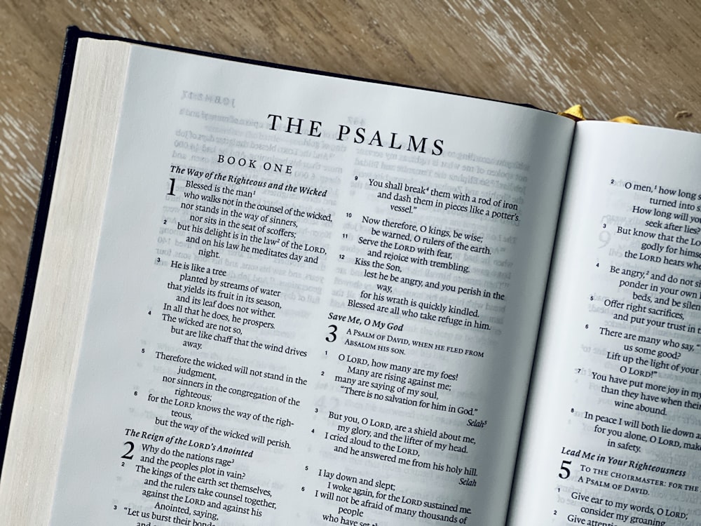 an open bible with the words the psalms on it
