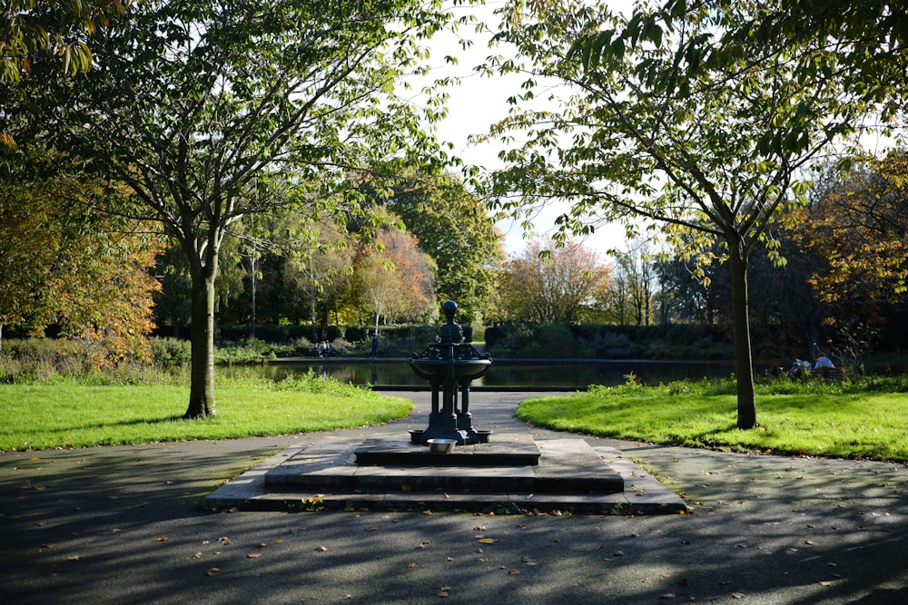 a park with a fountain surrounded by trees