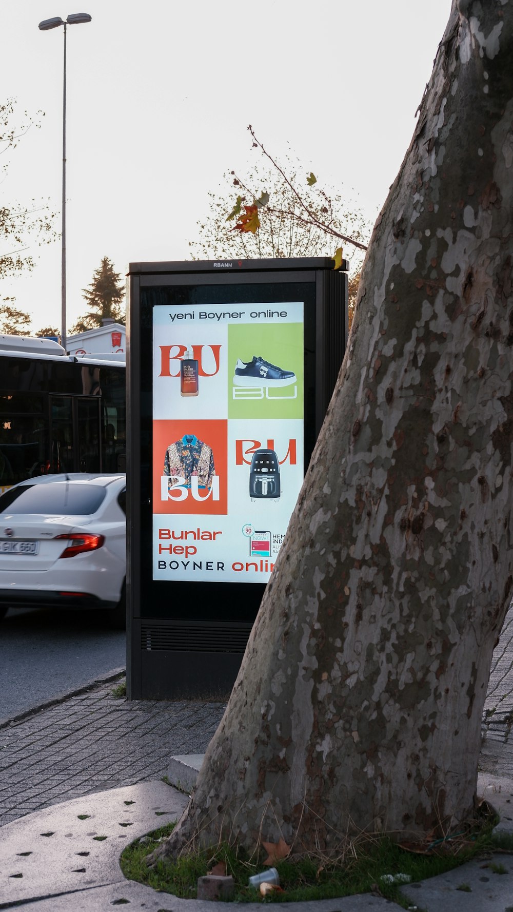 a bus stop with a tree next to it