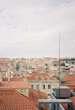 A panoramic view of city rooftops with digital network lines overlay.