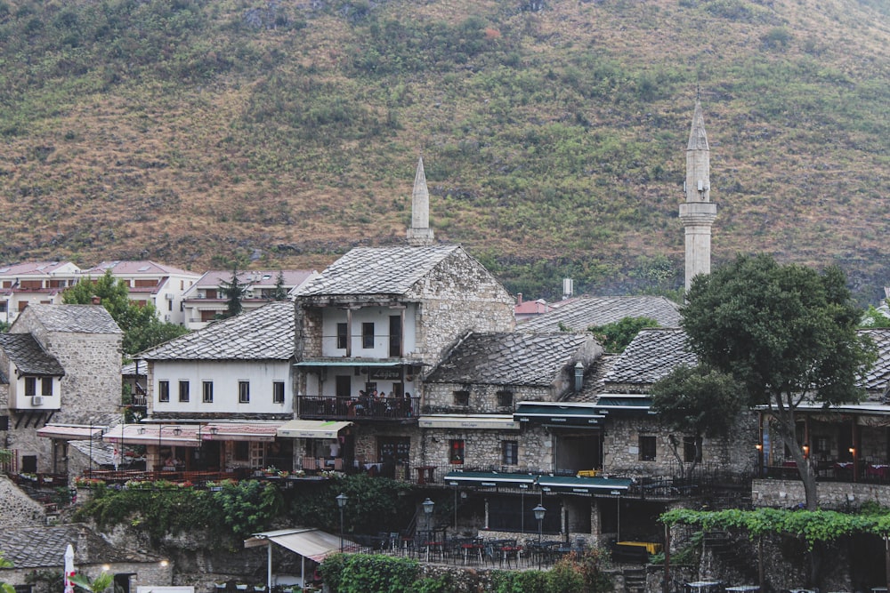 a city with a mountain in the background