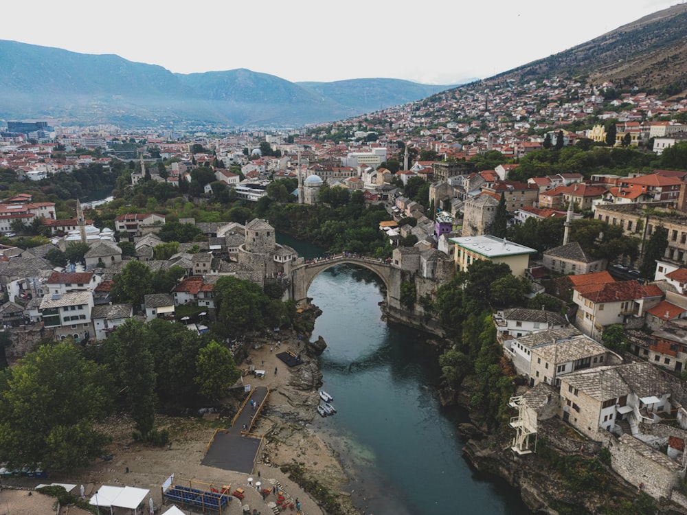 a river running through a city next to a bridge