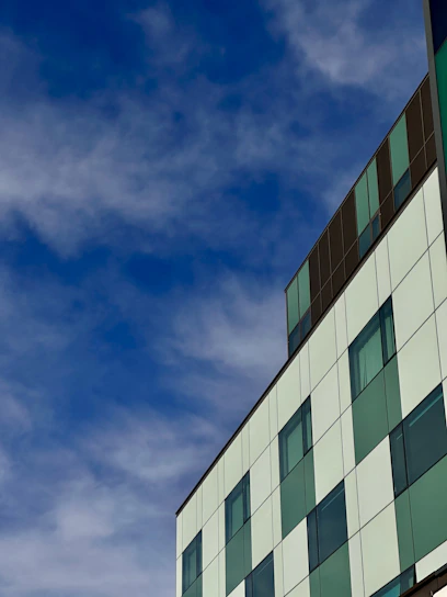 Modern container-based commercial building with sleek black and green accents under a bright sky.