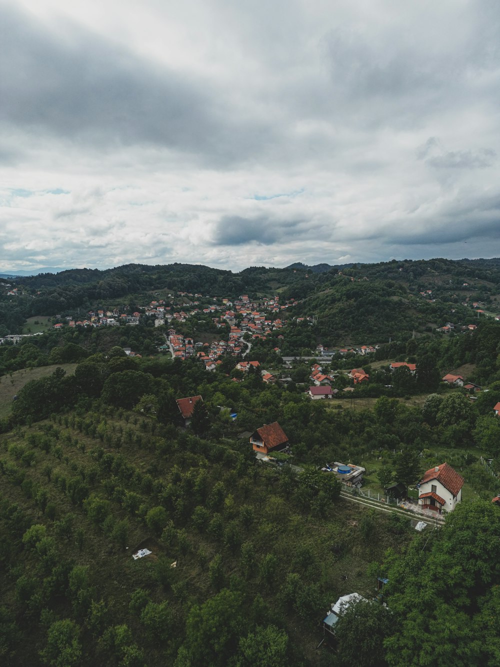 an aerial view of a town surrounded by trees