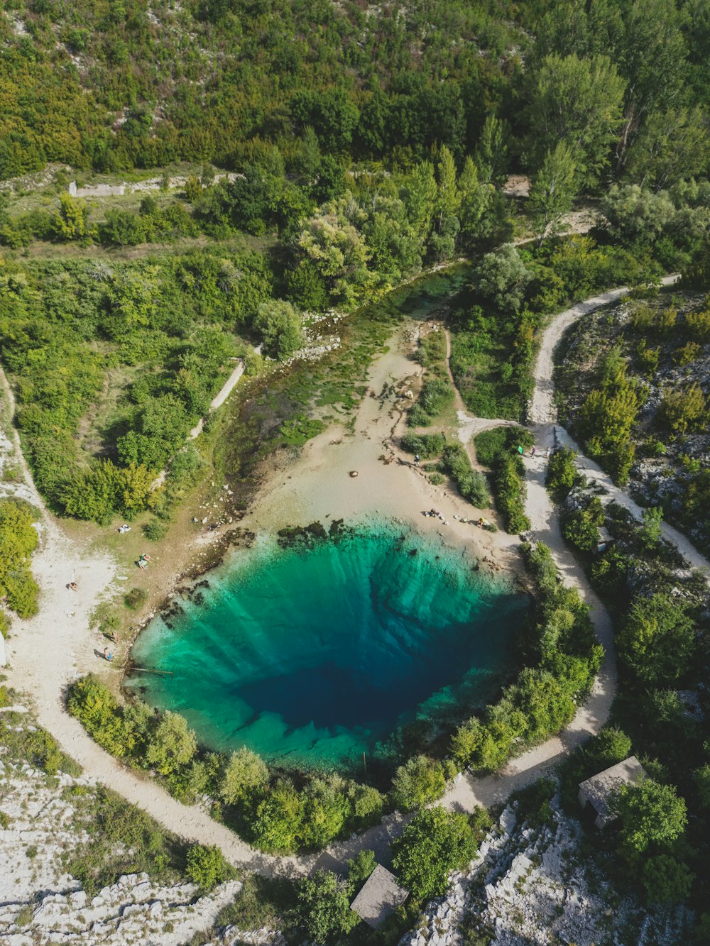 an aerial view of a lake surrounded by trees