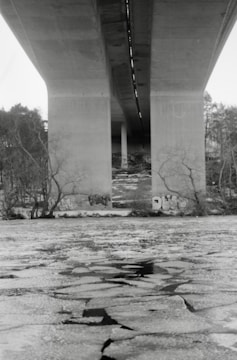 A black and white photograph of a large concrete bridge spanning across a frozen river. The bridge's massive pillars extend from the water up to the bridge deck, with graffiti visible on the lower parts of the pillars. Leafless trees are present in the background, contributing to a stark, wintry atmosphere.