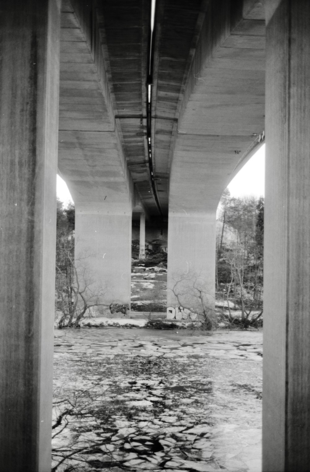 una foto in bianco e nero di un ponte