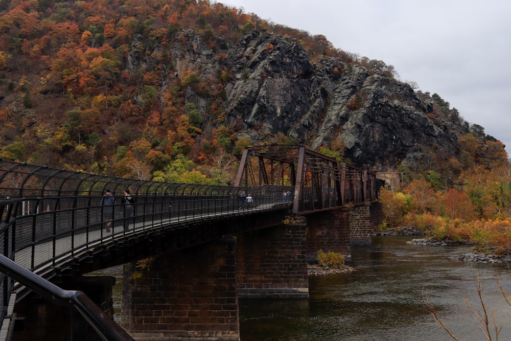 a bridge over a river with a mountain in the background