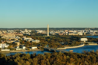 Aerial view of a city with notable landmarks including an obelisk-like monument and several prominent buildings surrounded by lush greenery and a river. The scene captures a built-up area interspersed with trees and water, under a clear blue sky.