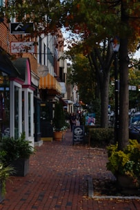 a brick sidewalk with shops and people walking on it