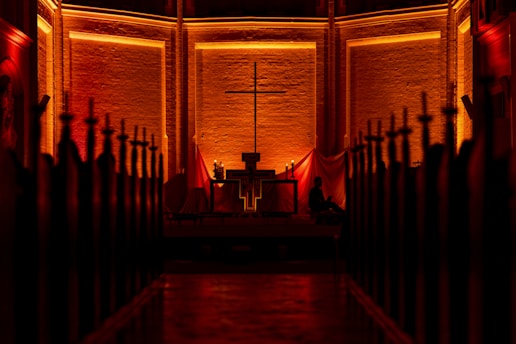 A serene church altar bathed in soft morning light, inviting quiet reflection.