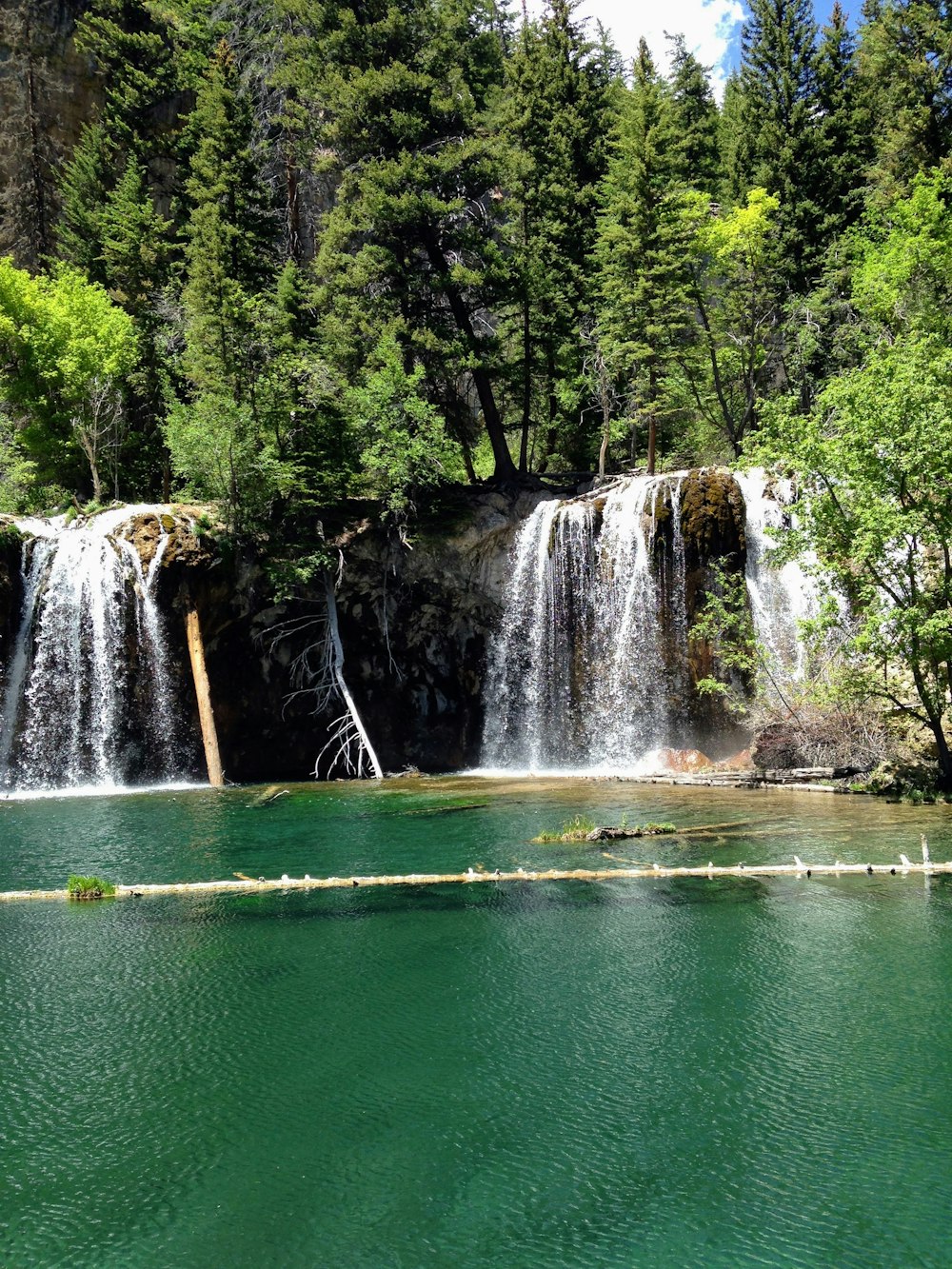 a large waterfall with a bunch of trees in the background