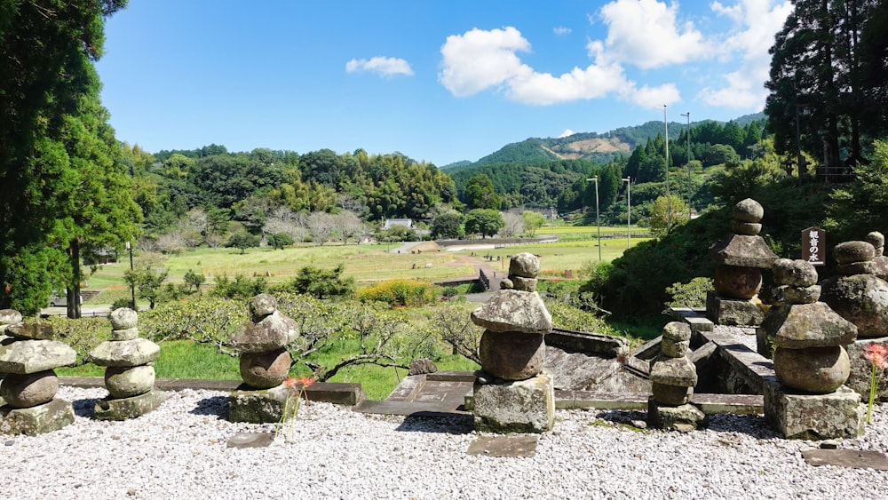 a group of rocks sitting on top of a gravel field