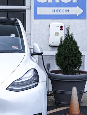 A white electric vehicle is plugged into a charging station, which is mounted on a light gray wall. To the right, a large planter containing a small coniferous tree is visible, with an orange traffic cone positioned next to it. Above, a sign with the word 'CHECK-IN' and an arrow points to the right.