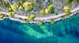 Aerial shot of a winding coastal path with turquoise waters below.