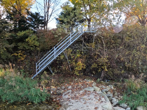 An outdoor metal staircase surrounded by greenery.