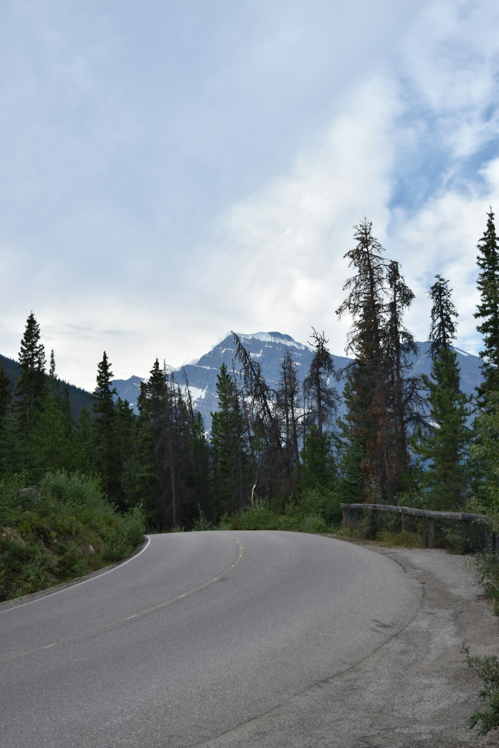 a curved road with a mountain in the background