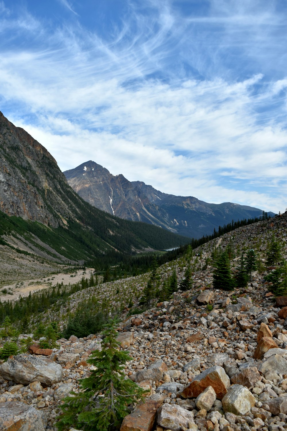 a view of a mountain range with rocks and trees