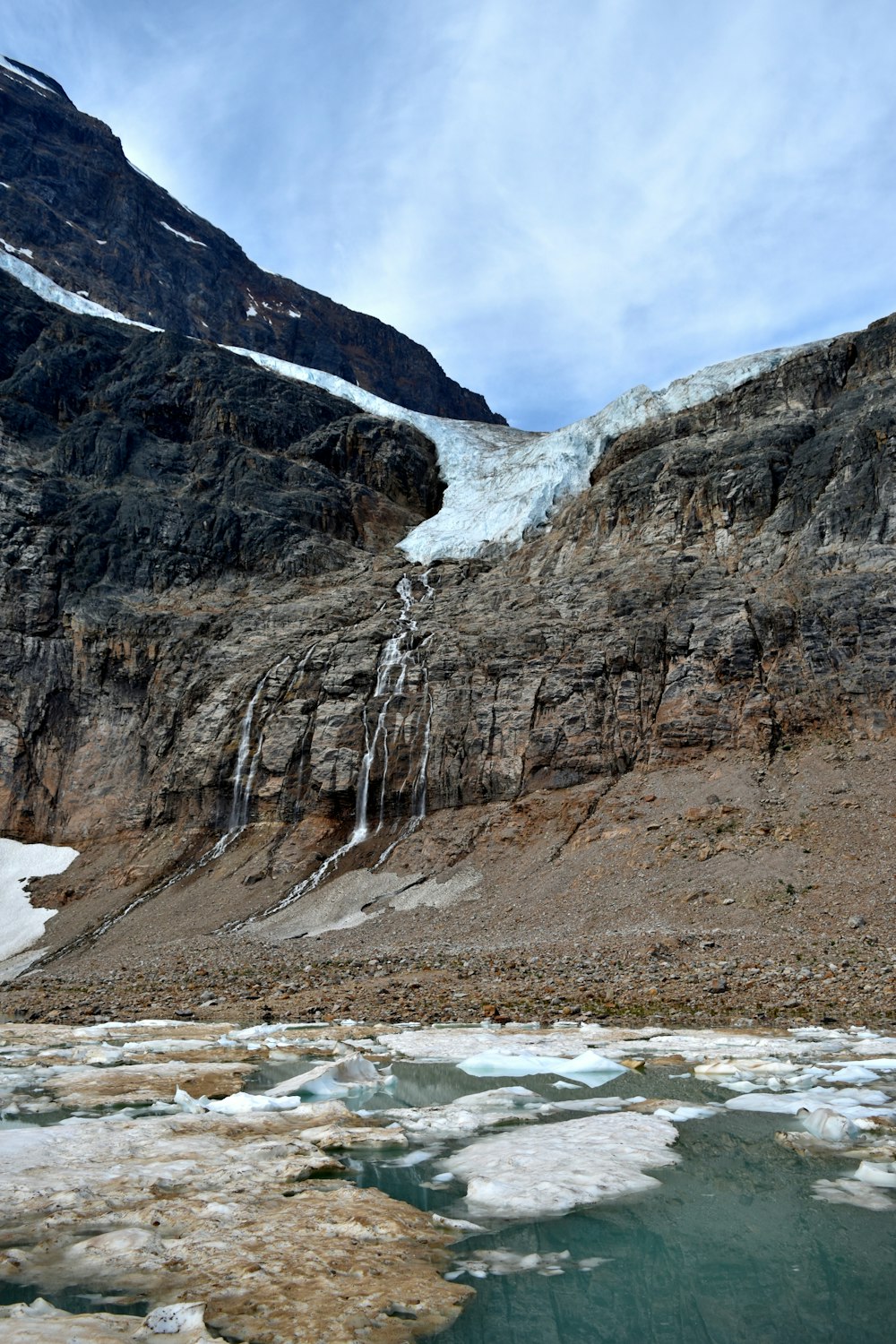 a mountain with ice and snow on the ground