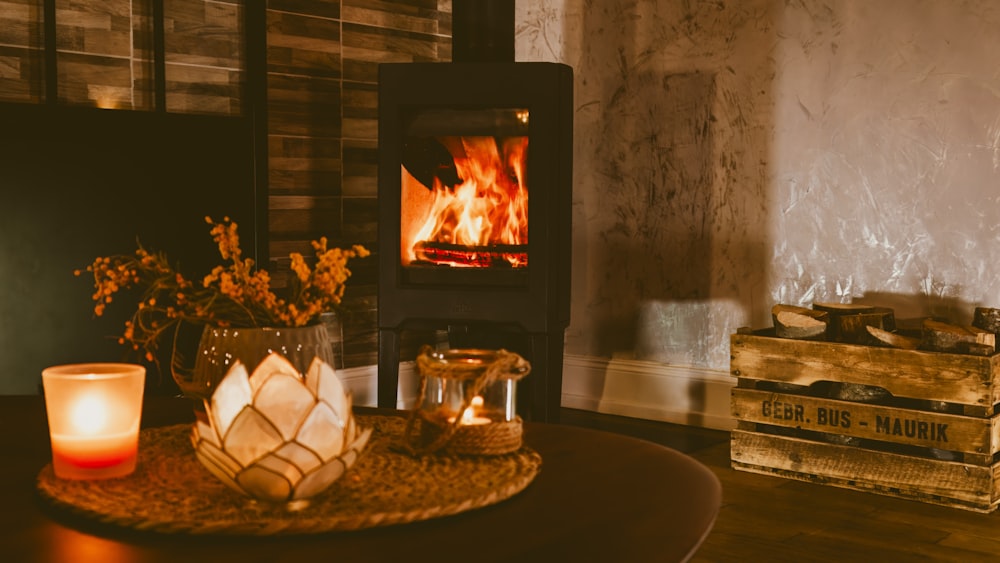 a wood burning stove in a living room