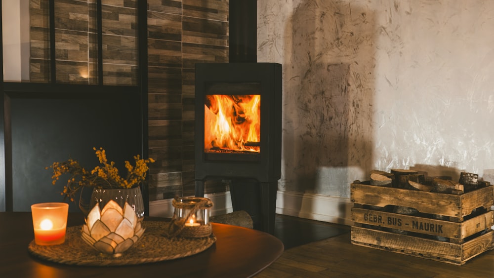 a wood burning stove in a living room