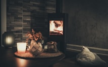 A cozy indoor scene featuring a lit fireplace emitting a warm glow. A white cat is peacefully resting on a cushion near the fireplace. The foreground includes a wooden table with decorative items like candles and a vase. The background is composed of textured walls, contributing to the warm and inviting atmosphere.