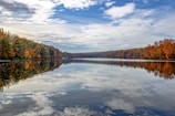 A serene lake reflecting colorful autumn trees at sunset.