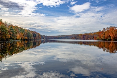 A serene lake reflecting colorful autumn trees at sunset.