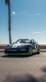 A sports car with a sleek black body featuring green and white accents is parked on a coastal road. A palm tree stands tall beside the car, with an expansive blue sky and scattered clouds in the background. The vehicle has a distinctive design, including bold, striped patterns on the hood and doors, and sporty wheels.